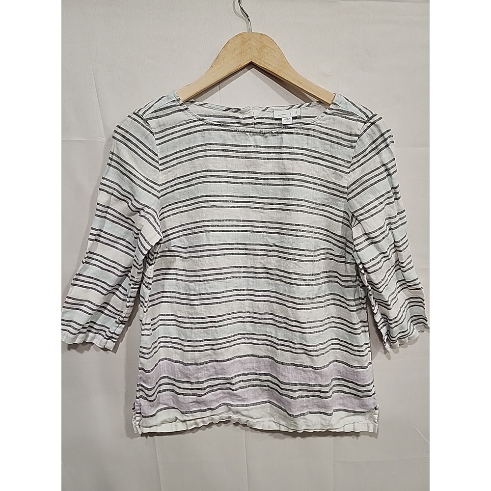 J. Jill Love‎ Linen Blouse Womens XS Petite, 3/4 Sleeve Stripe 100% Linen